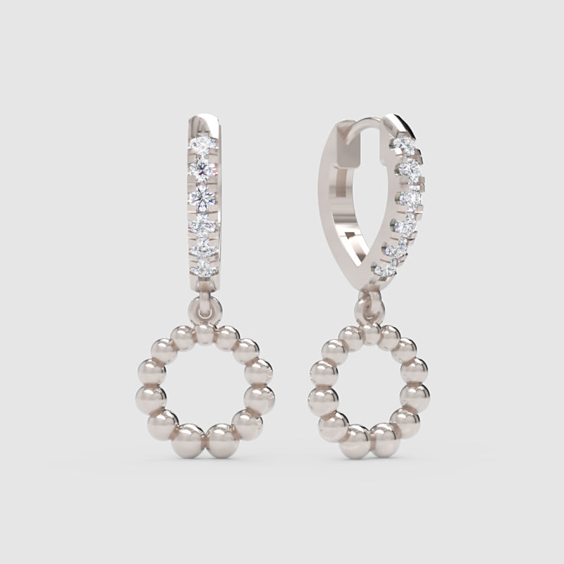 Pav Huggie Hoop Earrings With Beaded Circle Drop Charms - One