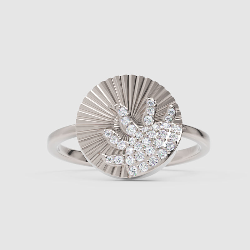 Diamond Sunburst Wave Ring With Textured Disc Design - Four