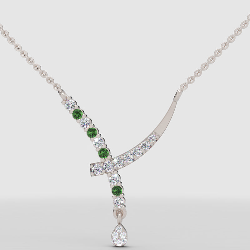 Natural Diamond Curved Bar Necklace With Green Gemstone Drop Pendant - Three