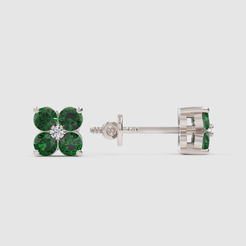 925 Sterling Silver Green Emerald Clover Stud Earrings With Diamond Center – Floral Cluster Elegant Jewelry - One