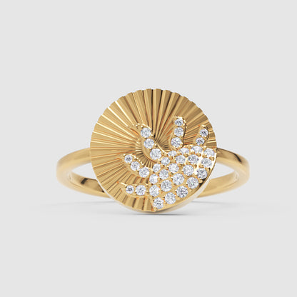 Diamond Sunburst Wave Ring With Textured Disc Design - One