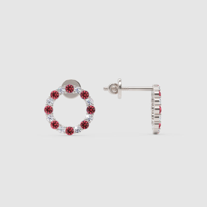 Red Gemstone And White Diamond Circle Stud Earrings In White Gold - One