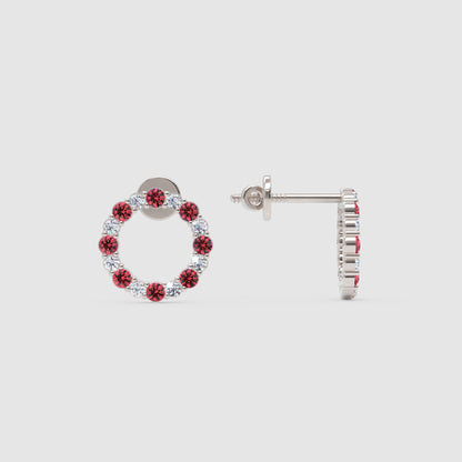 Red Gemstone And White Diamond Circle Stud Earrings In White Gold - One