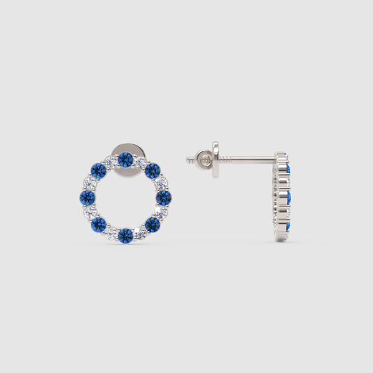 Blue And White Sapphire Circle Stud Earrings In White Gold - One