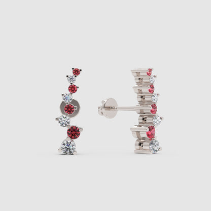 Ruby Gemstone And White Diamond Curved Climber Earrings White Gold - One
