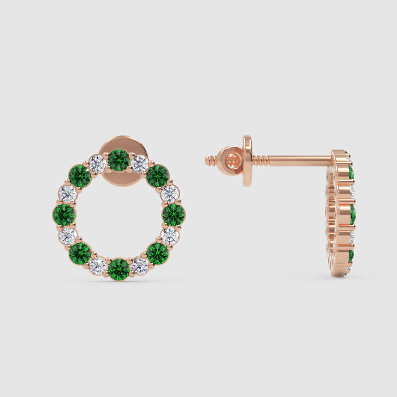 Rose Gold Emerald And Diamond Circle Stud Earrings - One