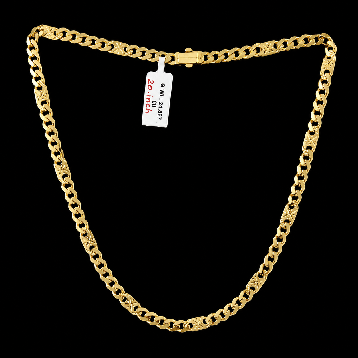 Cuban Link Chain Necklace With Star Pattern Detail 20 Inch - Three