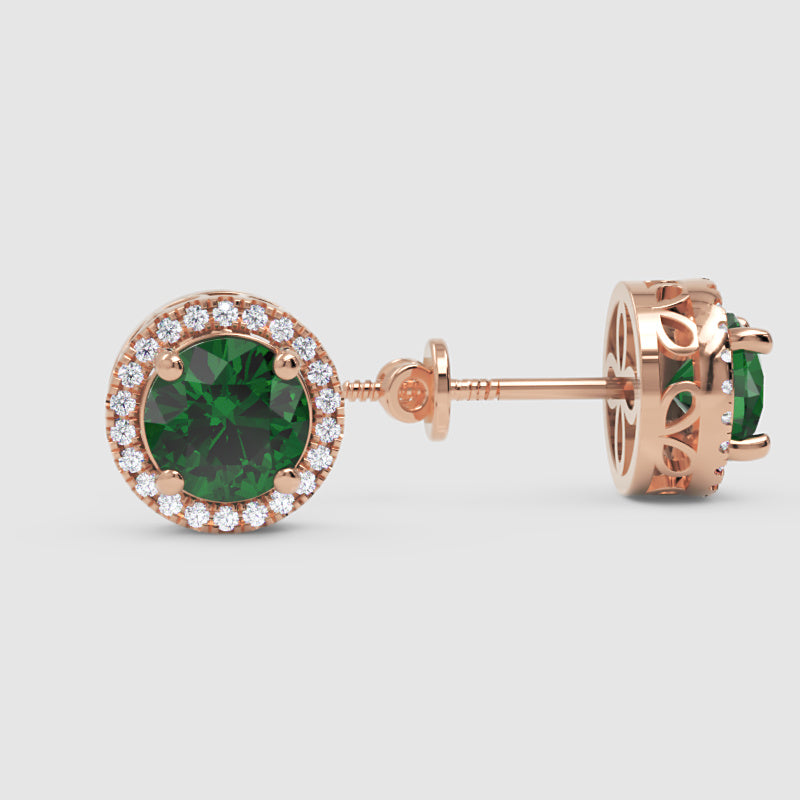 Emerald Green Round Halo Stud Earrings With Screw Back - Five