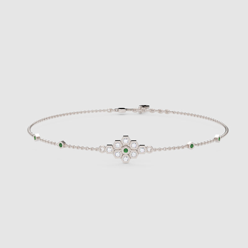 Diamond Cluster Bracelet With Green Emerald Accents - Nine