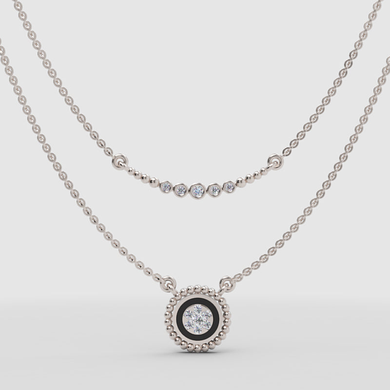 Layered Diamond Pendant Necklace With Beaded Chain Detail - One