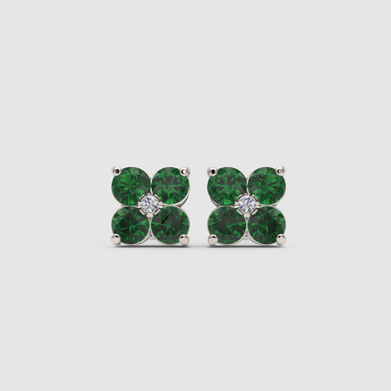Emerald And Diamond Clover Stud Earrings - One