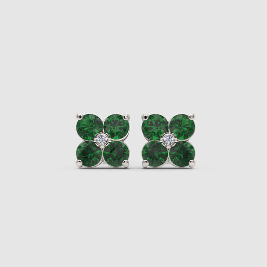 Emerald And Diamond Clover Stud Earrings - One