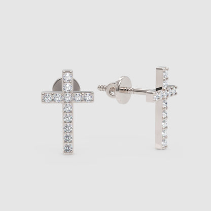 Pav Diamond Cross Stud Earrings With Screw Back - One