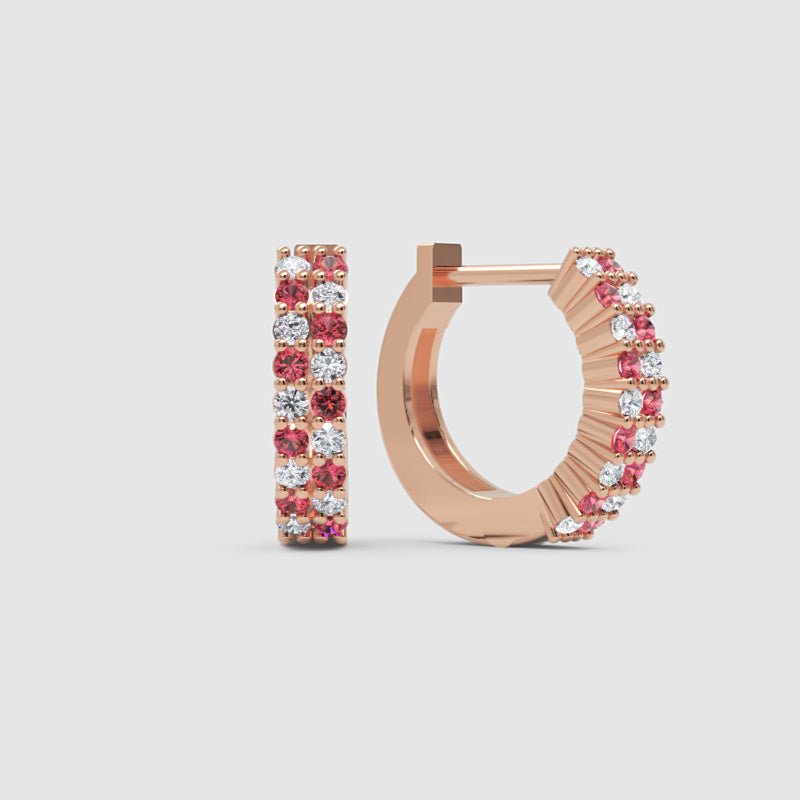 Rose Gold Ruby And Diamond Double Row Hoop Earrings - One
