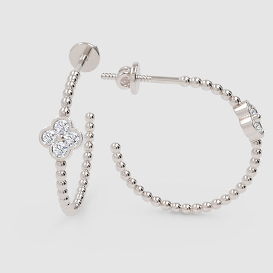 Beaded Clover Diamond Hoop Earrings with Screw Back Closure