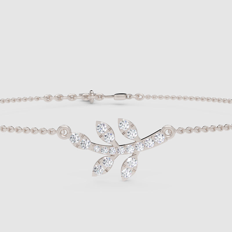 Delicate Leaf Branch Bracelet With Cubic Zirconia Stones - One