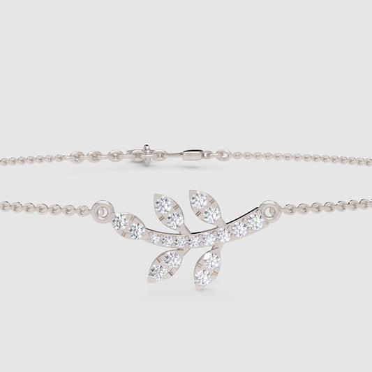 Delicate Leaf Branch Bracelet With Cubic Zirconia Stones - One