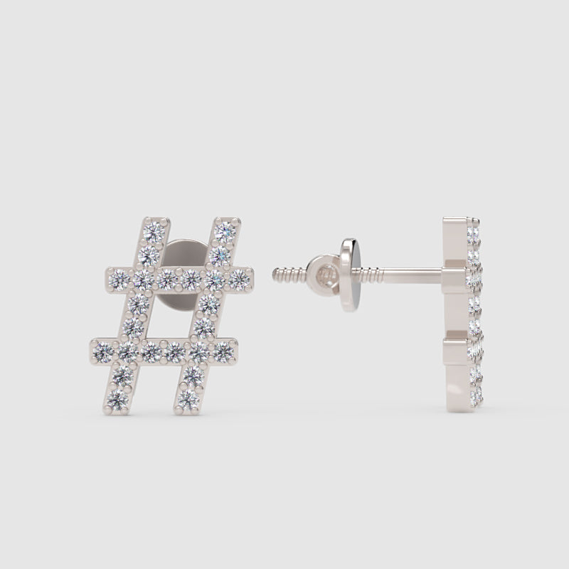 Hashtag Symbol Diamond Stud Earrings With Screw Back - One
