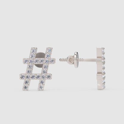Hashtag Symbol Diamond Stud Earrings With Screw Back - One