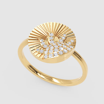 Diamond Sunburst Wave Ring With Textured Disc Design - Three