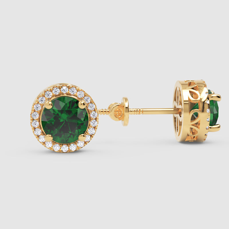 Emerald Green Round Halo Stud Earrings With Screw Back - Three