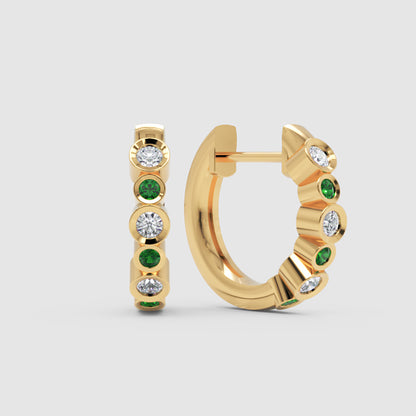 Diamond  And Gemstone Bezel Set Huggie Hoop Earrings In Yellow Gold - One
