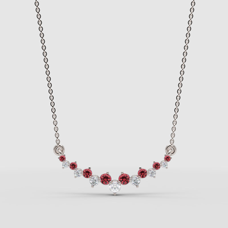 Red Gemstone And Diamond Curved Bar Necklace 14K Gold - One