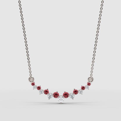 Red Gemstone And Diamond Curved Bar Necklace 14K Gold - One