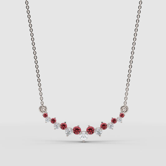 Red Gemstone And Diamond Curved Bar Necklace 14K Gold - One