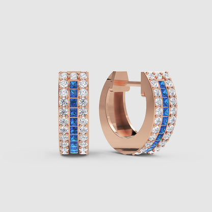 Rose Gold Blue Sapphire And Diamond Huggie Hoop Earrings - One