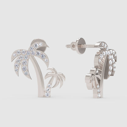 Palm Tree Crystal Stud Earrings With Screw Back Closure - One