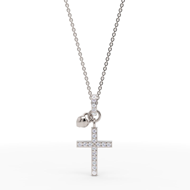 Pav Cross Pendant Necklace With Heart Charm - One