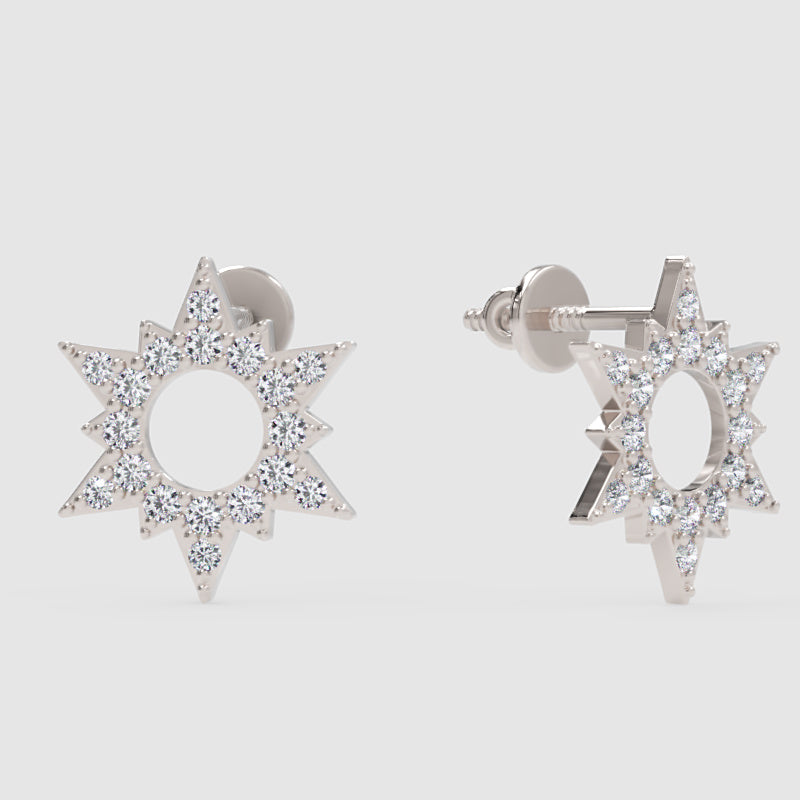 Starburst Diamond Halo Stud Earrings With Screw Back - One