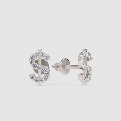 Dollar Sign Stud Earrings With Pav Crystals - One