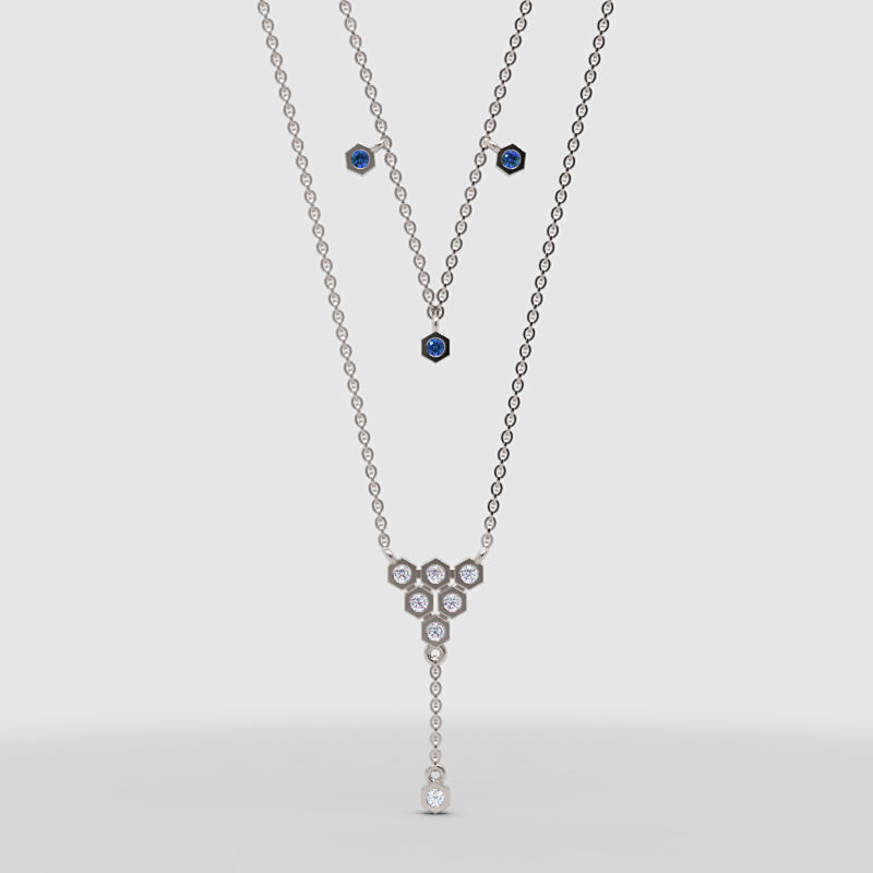 Layered Blue Sapphire And Diamond Honeycomb Ynecklace - One