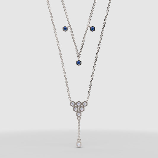 Layered Blue Sapphire And Diamond Honeycomb Ynecklace - One