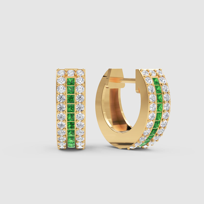 Gemstone And Diamond Three Row Huggie Hoop Earrings In Yellow Gold - One