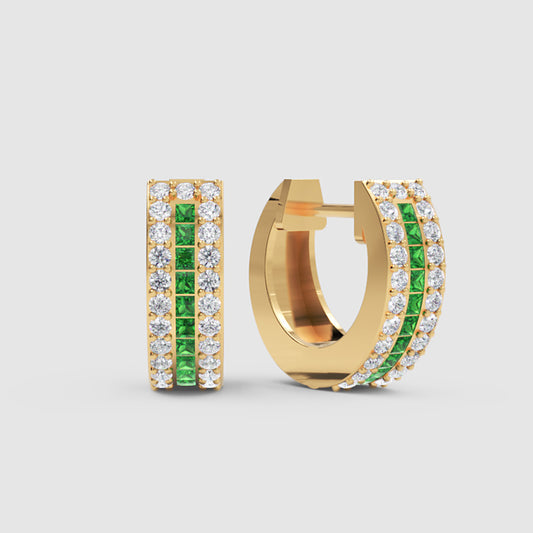 Gemstone And Diamond Three Row Huggie Hoop Earrings In Yellow Gold - One