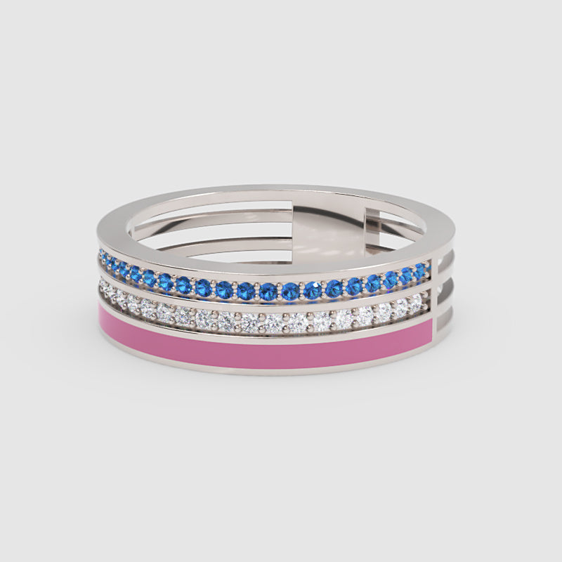 Blue Sapphire And Diamond Stackable Ring Set With Pink Enamel Band - One