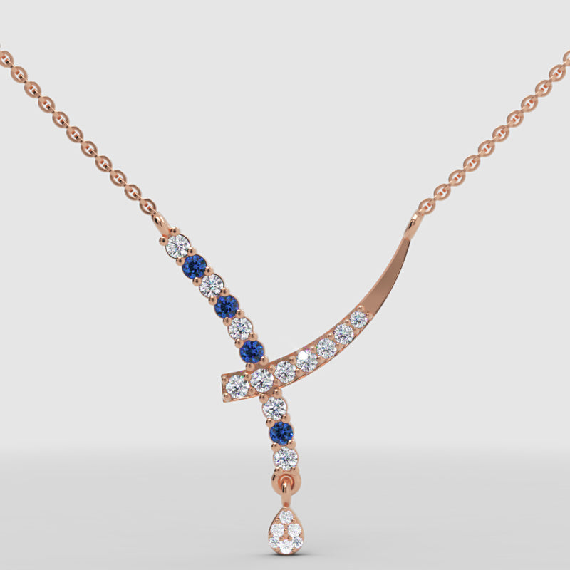 Rose Gold Diamond And Blue Gemstone Accents Drop Necklace - Three