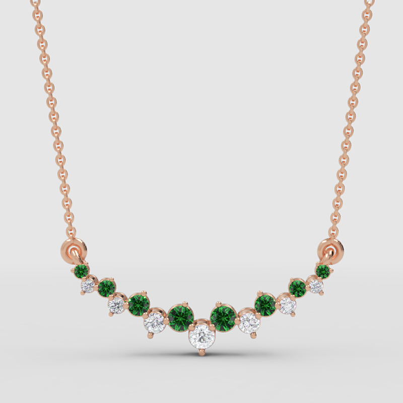 Rose Gold Emerald And Diamond Curved Bar Necklace - One