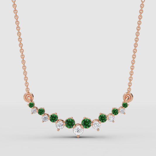 Rose Gold Emerald And Diamond Curved Bar Necklace - One
