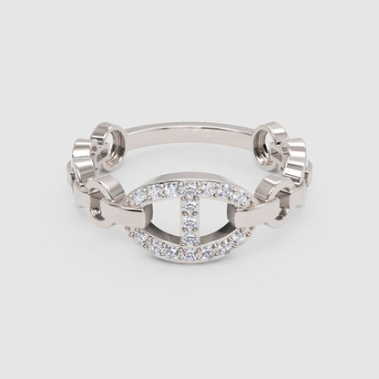 Diamond Chain Link Ring For Women | White Gold Oval Center Bar Design | Jebij - One