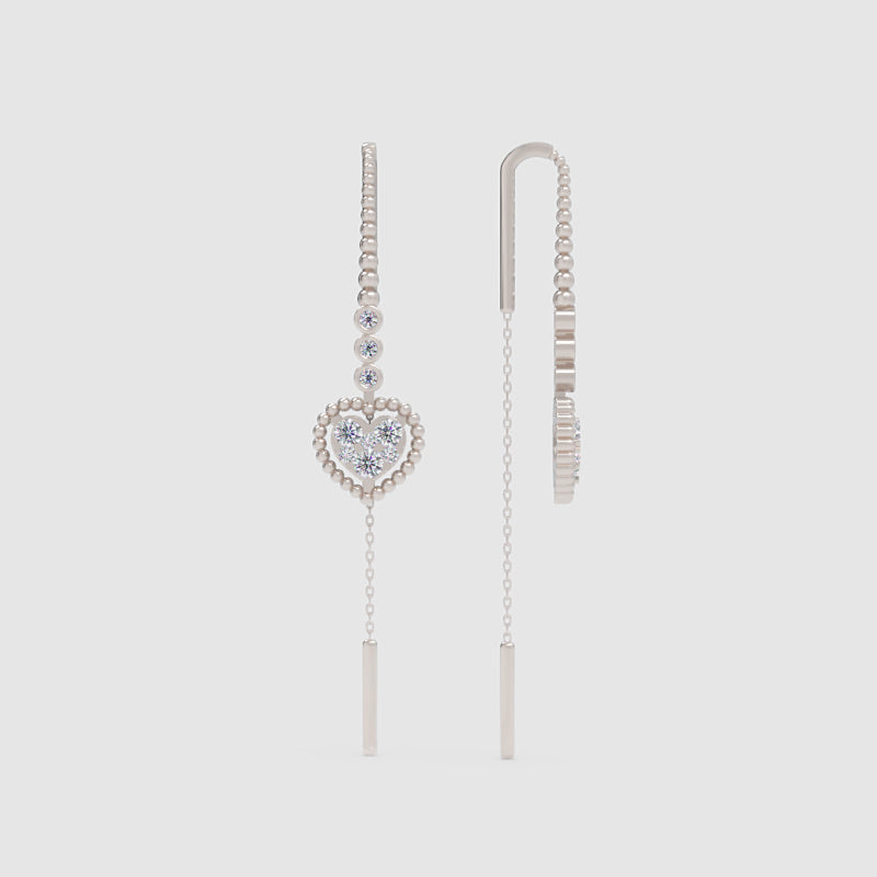 Crystal Heart Threader Earrings With Bar Drop - One
