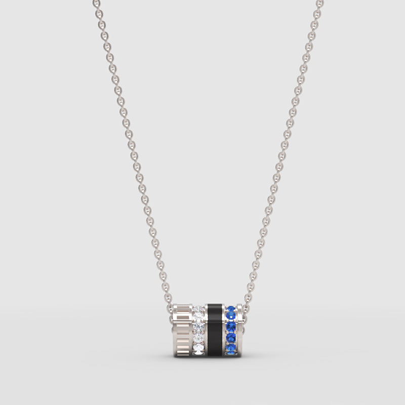 Diamond & Blue Sapphire Barrel Pendant Necklace With Black Enamel In White Gold | Modern Cylindrical Design | Jebij - One