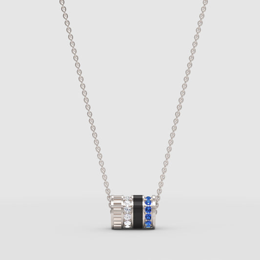 Diamond & Blue Sapphire Barrel Pendant Necklace With Black Enamel In White Gold | Modern Cylindrical Design | Jebij - One
