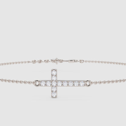 Sideways Cross Bracelet With Cubic Zirconia Stones - One