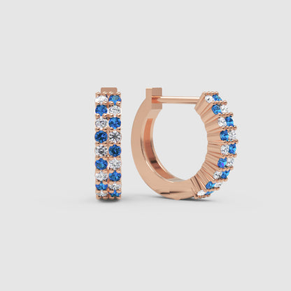 Rose Gold Blue Sapphire & Diamond Hoop Earrings – Double Row Huggie Earrings - One