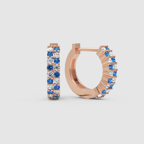 Rose Gold Blue Sapphire and Diamond Hoop Earrings with Double Row Huggie Design