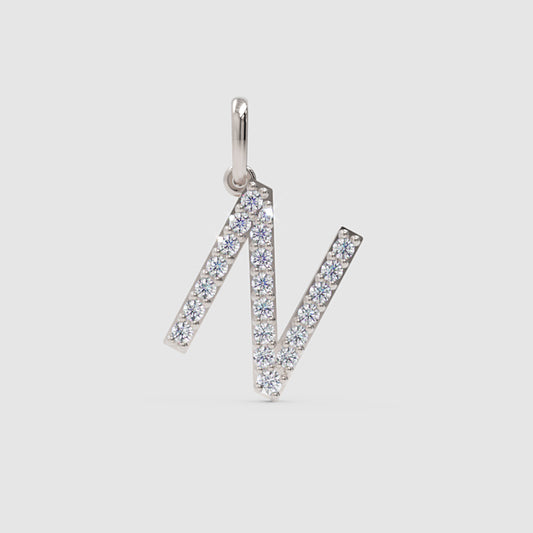 Diamond Initial N Letter Pendant Charm in White Gold